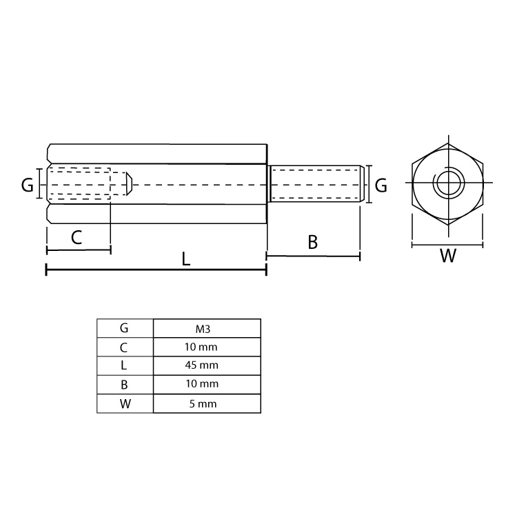 Distanzer M/Ž mesingani M3x45mm