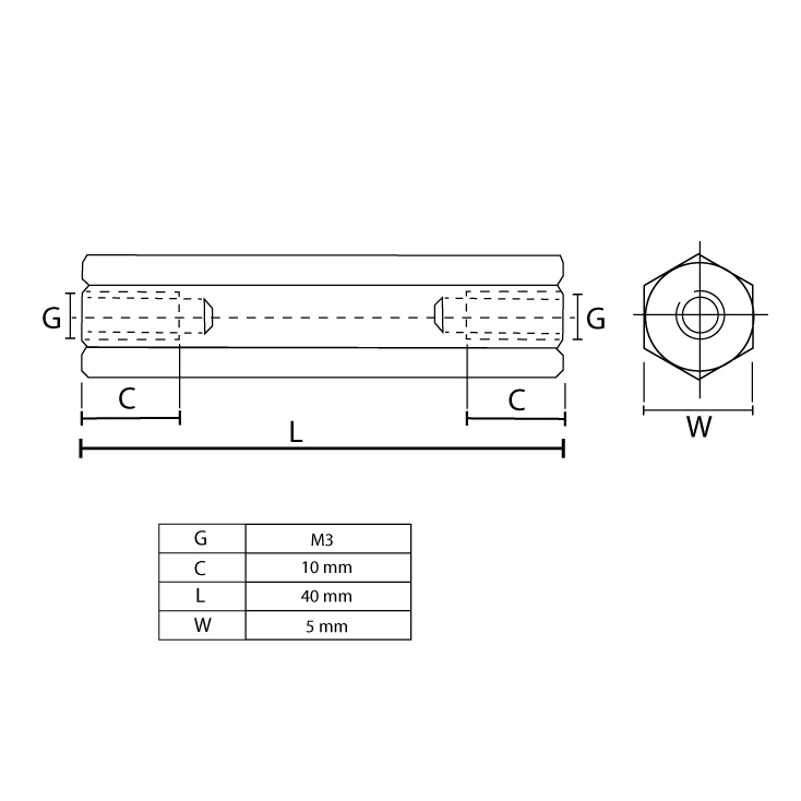 Distanzer Ž/Ž mesingani M3x40mm