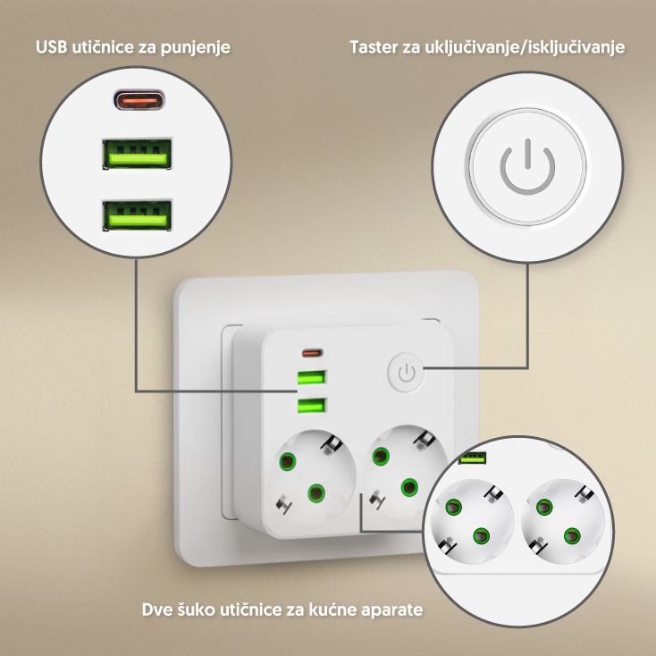 Strujni razdelnik 2 utič. + prekidač, 2xUSB+tip C slika 2