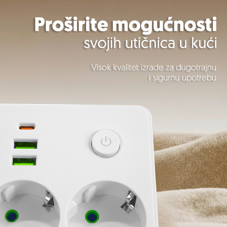 Strujni razdelnik 2 utič. + prekidač, 2xUSB+tip C slika 3