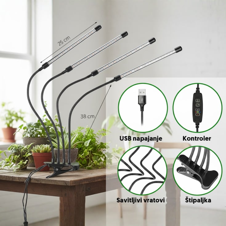 Četvorostruka lampa za biljke 16W, štipaljka slika 4