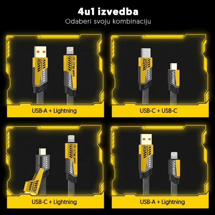 USB kabel 4u1, USB-A/USB-C/Lightning,PD65W slika 2