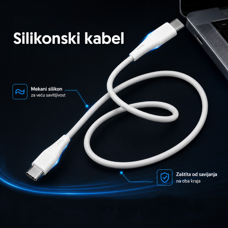 USB-C na USB-C silikonski kabel, PD60W, 1m slika 3