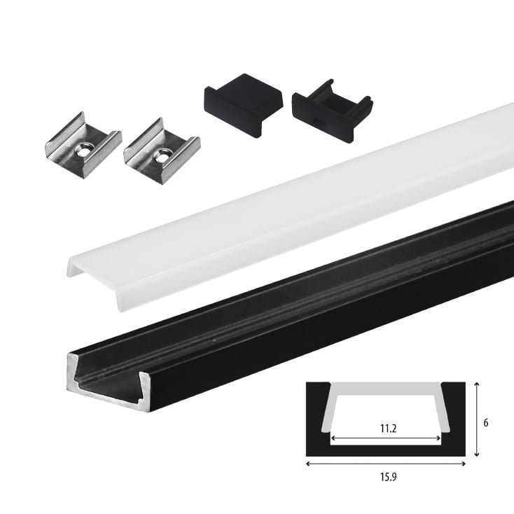 Set aluminijumski profil za LED trake 2m 15x6 mm crni slika 1