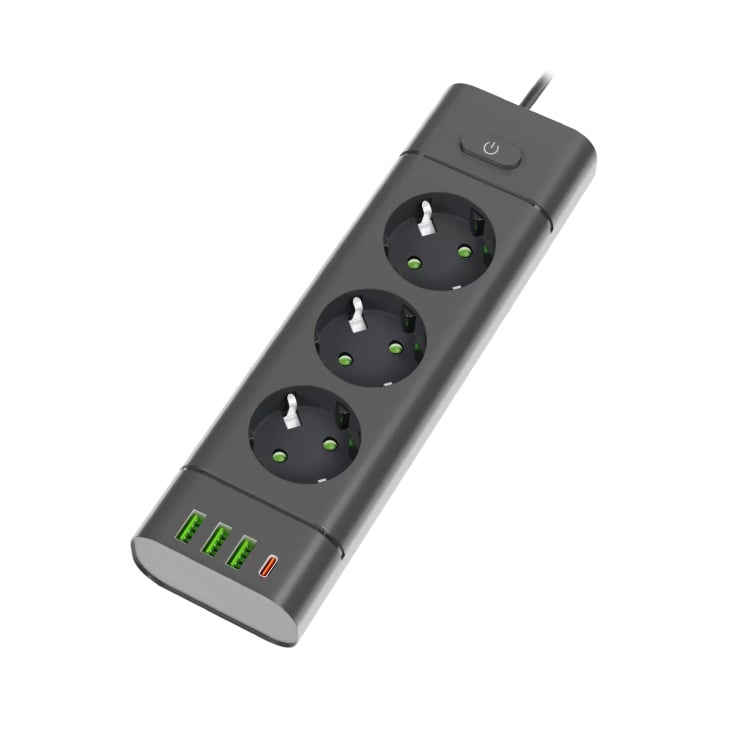 PROSTO produžni kabl sa 3 utičnice, USB i USB-C priključcima, crni slika 1