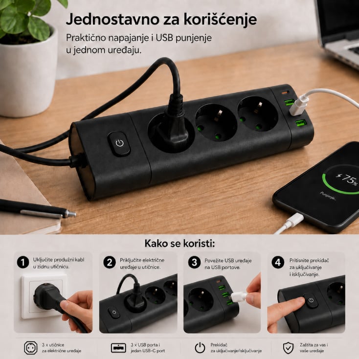 PROSTO produžni kabl sa 3 utičnice, USB i USB-C priključcima, crni slika 3