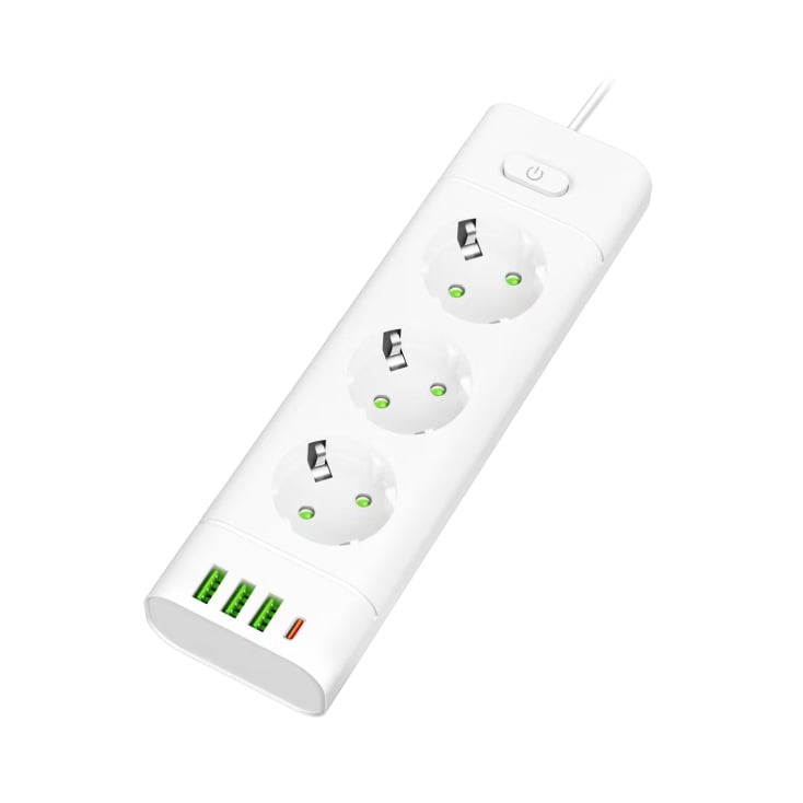 PROSTO produžni kabl sa 3 utičnice, USB i USB-C priključcima, beli slika 1
