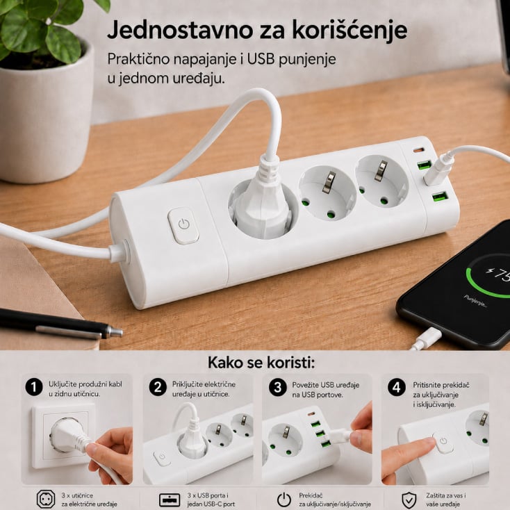 PROSTO produžni kabl sa 3 utičnice, USB i USB-C priključcima, beli slika 3